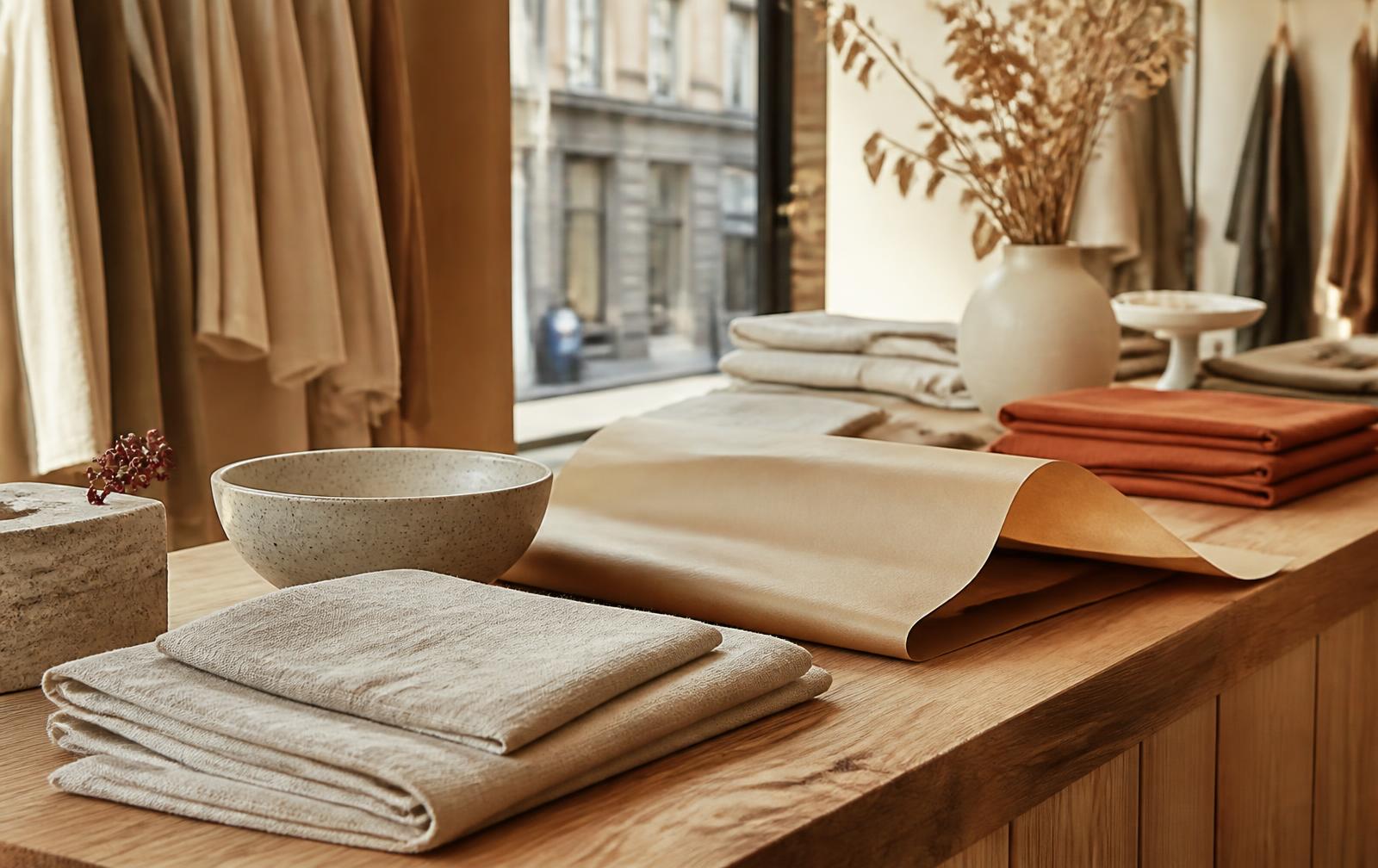 Comptoir de boutique indépendante : linge plié, céramique et papier kraft