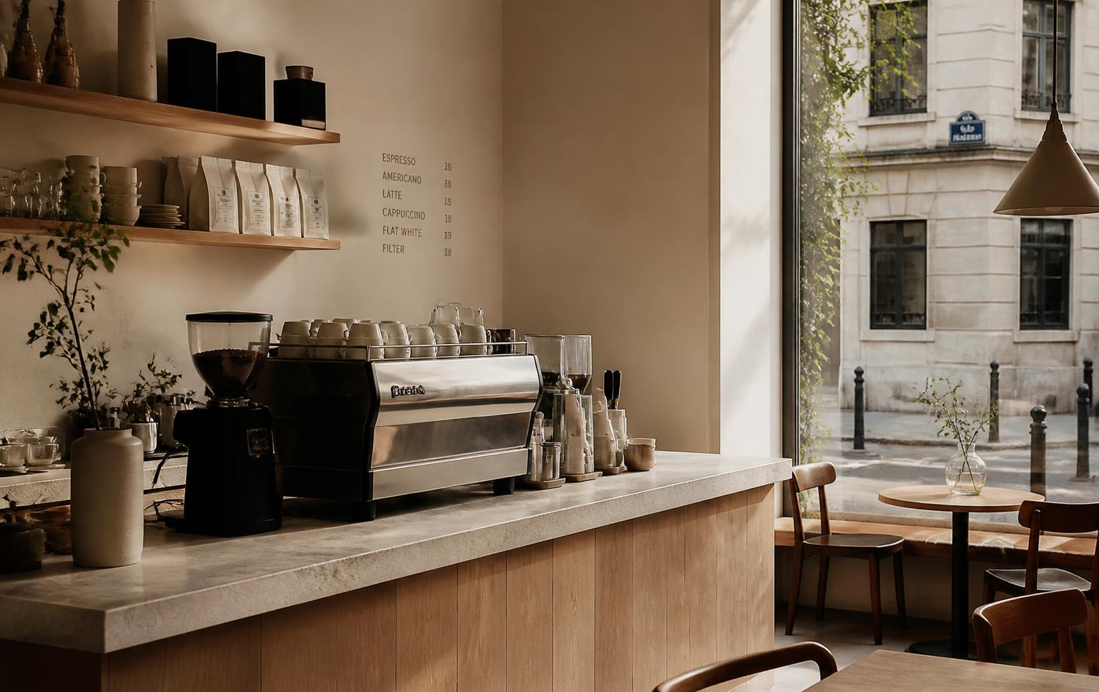 Intérieur élégant d'un coffee shop baigné de lumière naturelle, comptoir en bois et tables en marbre