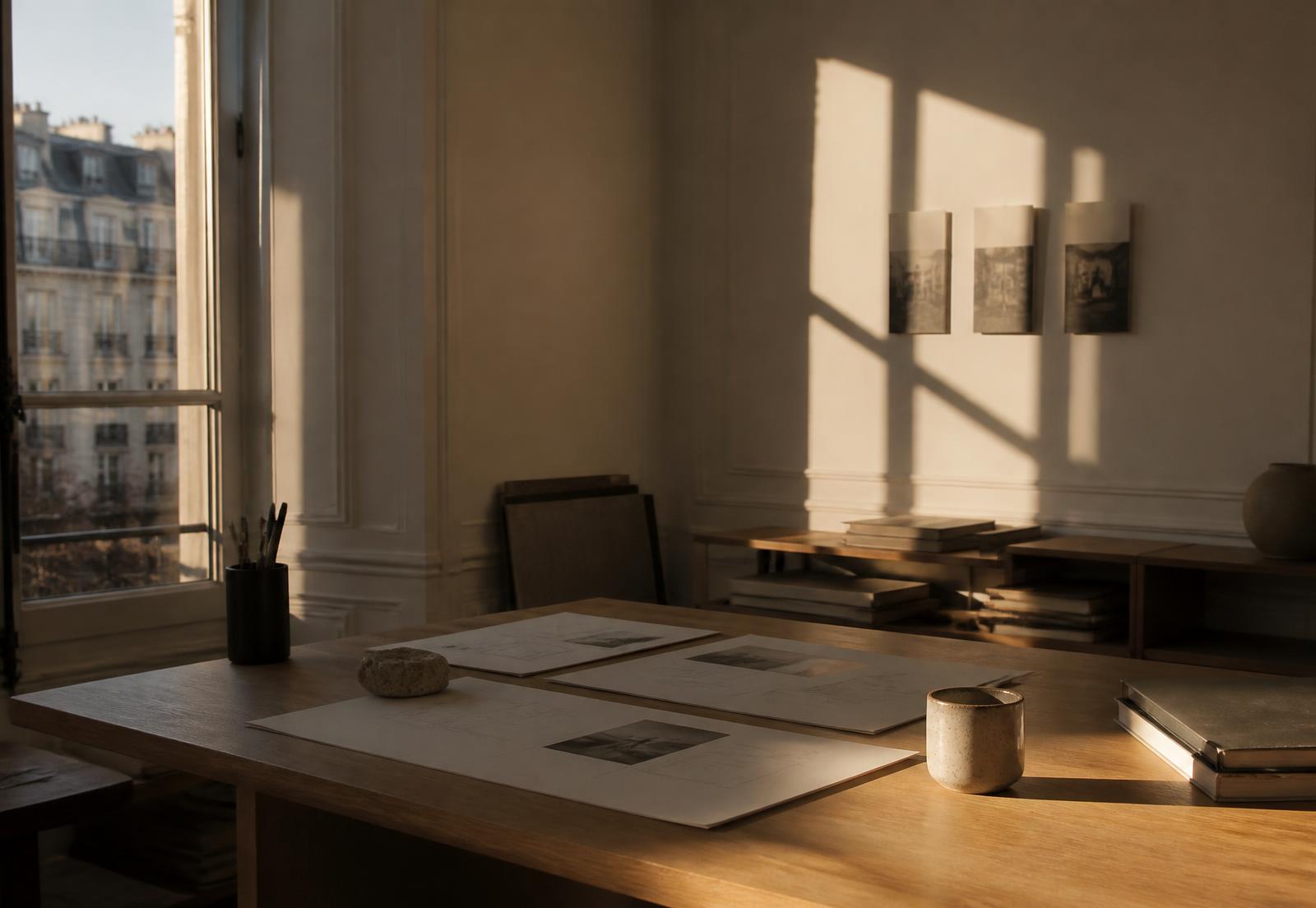 Table de travail du studio à Paris : planches imprimées, céramique et lumière du matin